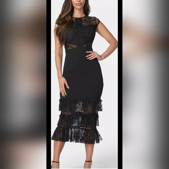 bebe tiered lace midi dress Bebe Women's Tiered Lace Midi Dress